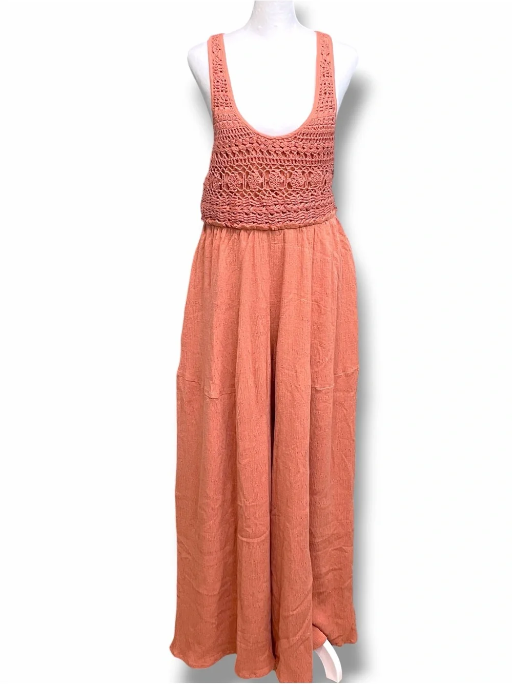 Free People Soleil Jumpsuit Crochet Wide Leg Open Back Boho Peach Size M NWT